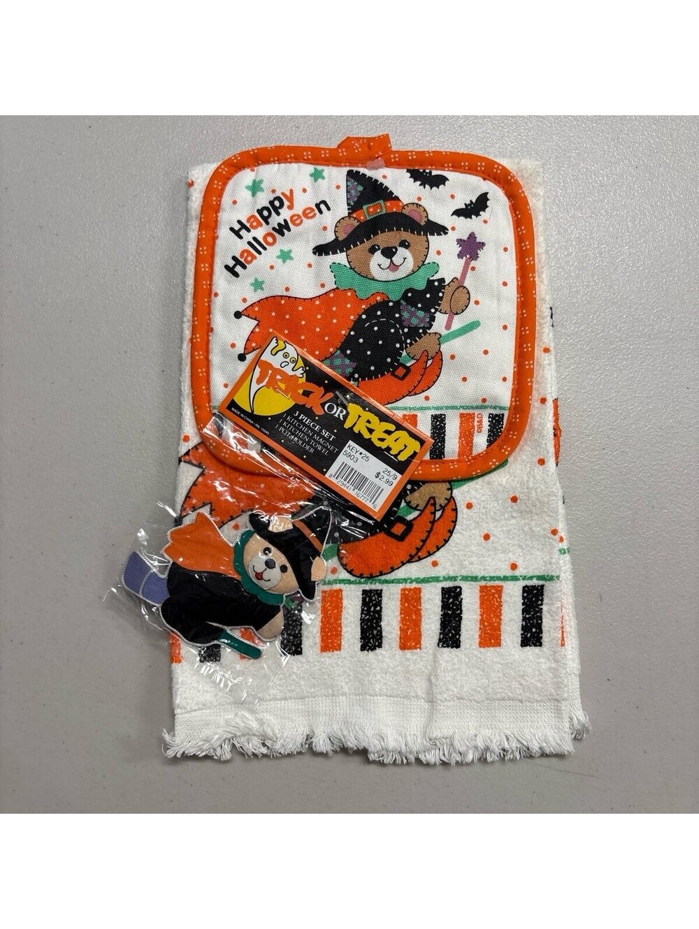 Vintage 80s 90s Halloween 3pc Set NWT Witch Bear Towel Potholder